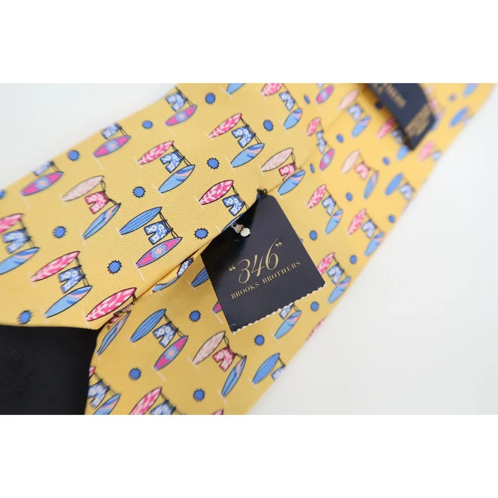 Brooks Brothers Mens Silk Necktie Tie Yellow Surfboards‎ Beach Surf USA Made New